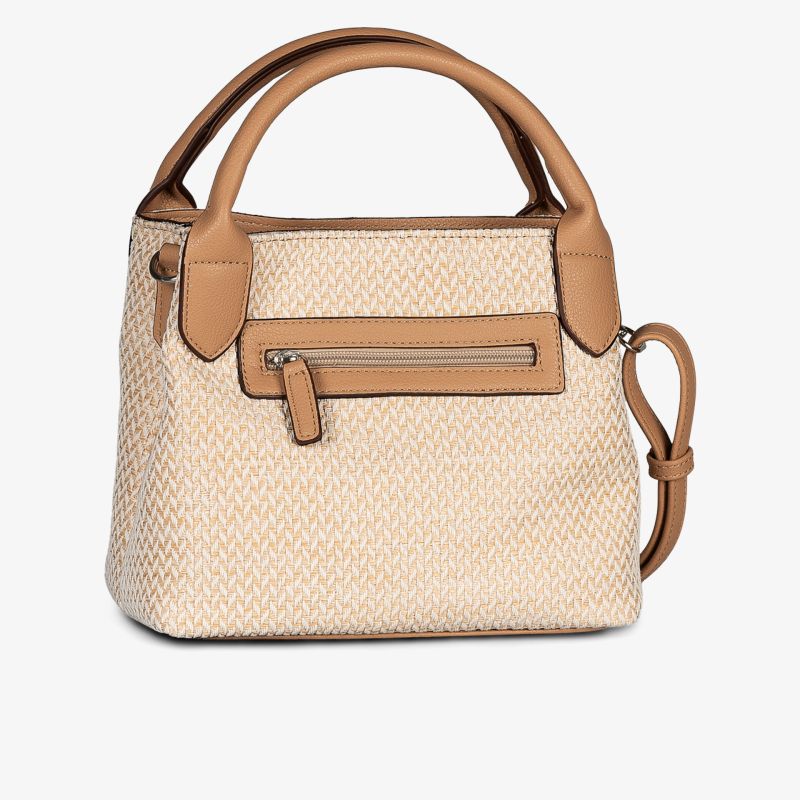 Beige geflochtene Handtasche mit Lederbesätzen und praktischem Schulterriemen elegant und kompakt