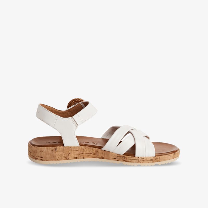 Weiße Sandale mit verstellbarem Riemen und komfortabler Korksohle, leichter und atmungsaktiver Sommerschuh für Alltag und Freizeit