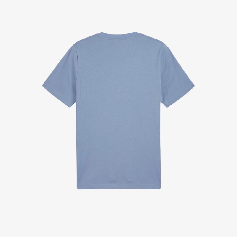 Blaues T-Shirt mit Kurzarm und rundem Halsausschnitt in klarer Rückansicht schlicht und bequem