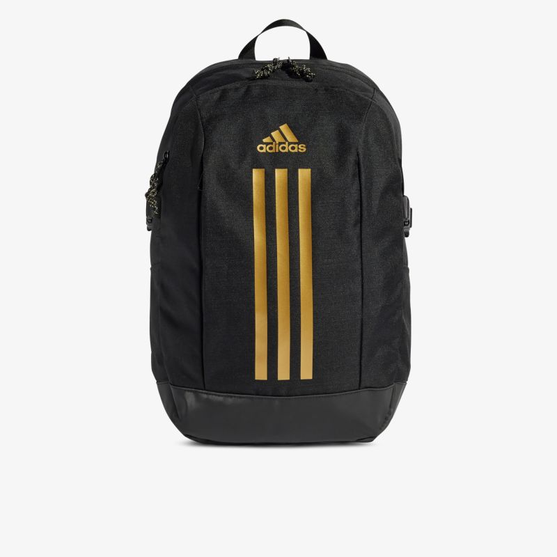 Schwarzer Rucksack mit goldenen Streifen, geräumig und robust, ideal für Sport und Alltag