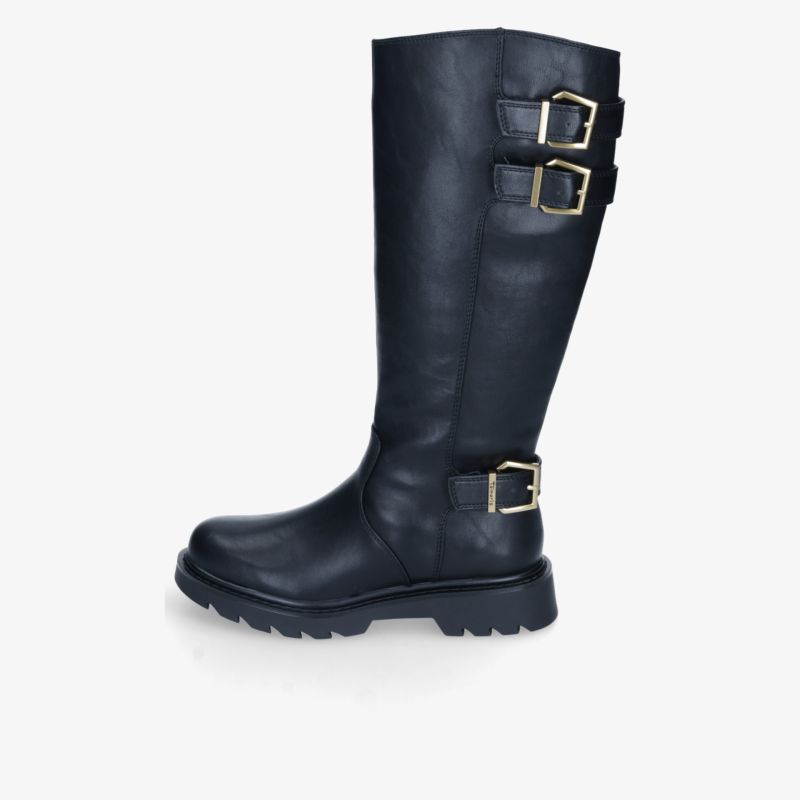 Schwarzer hoher Stiefel mit robusten Schnallen und profilierter Sohle, komfortabel und langlebig