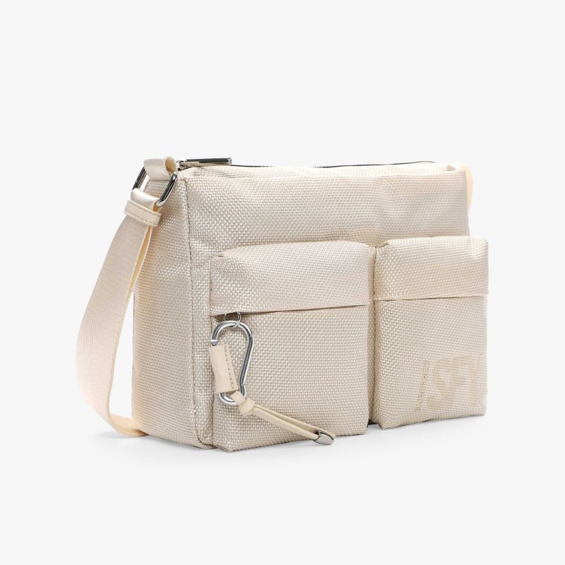 Beige kompakte Umhängetasche mit mehreren Fächern und verstellbarem Riemen, ideal für praktische Aufbewahrung