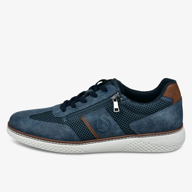 Seitliche Ansicht eines blauen Freizeitschuhs aus Leder und Mesh mit weißer Sohle und Reißverschluss