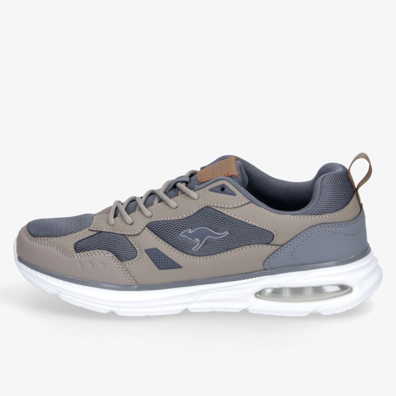 Moderner Sportschuh in grauen und blauen Farbtönen mit atmungsaktivem Material und stoßdämpfender Sohle in Seitenansicht