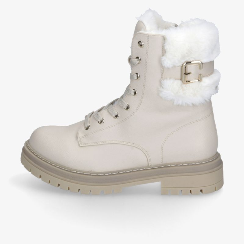 Beiger Winterstiefel mit robuster Sohle, Schnürung und weichem, wärmendem Innenfutter seitlich sichtbar