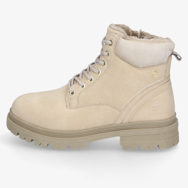 Robuster, gefütterter beige Winterstiefel mit Schnürung und rutschfester Sohle, seitliche Ansicht
