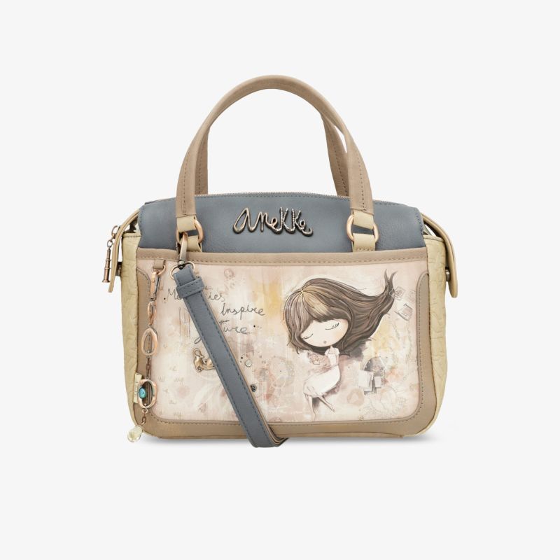 Moderne beige Handtasche mit grauem Design und moderner Illustration, praktische Tragegriffe und Schulterriemen