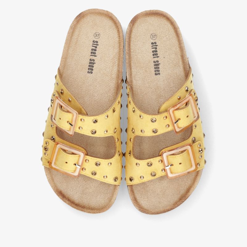 Gelbe Slipper mit verstellbaren Schnallen und gepolsterter Innensohle, bequem und atmungsaktiv, Paar Ansicht von oben