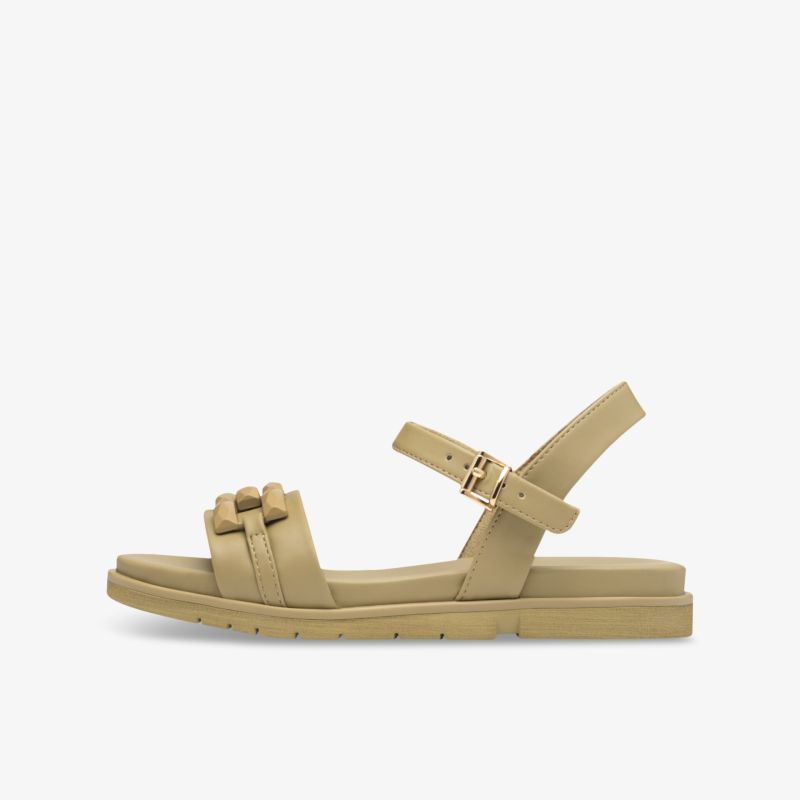 Bequeme beige Sandale mit verstellbarem Riemen und flacher Sohle, ideal für angenehmes Tragen im Alltag
