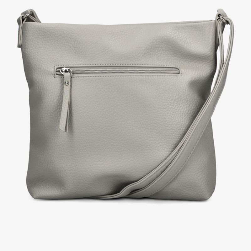 Graue Handtasche mit glatter Oberfläche und verstellbarem Schulterriemen, klar strukturierte Optik