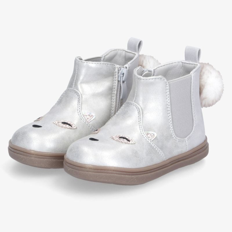 Silberne Kinderstiefel mit Reißverschluss, weichem Innenfutter und Bommel, bequeme Passform und rutschfeste Sohle