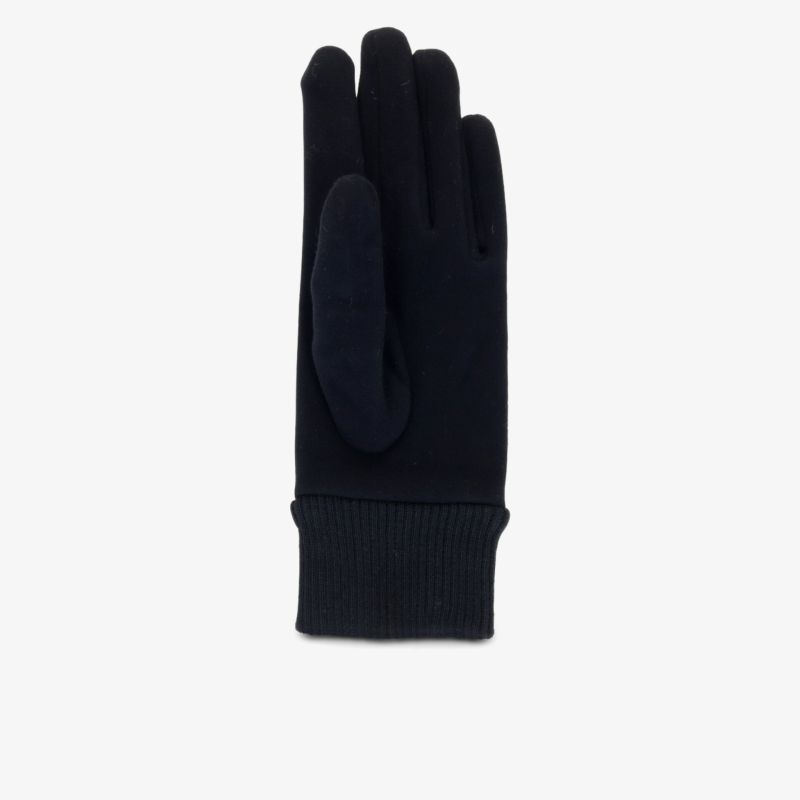 Schwarzer Handschuh aus weichem Stoff mit elastischem Bund für angenehmen Tragekomfort.
