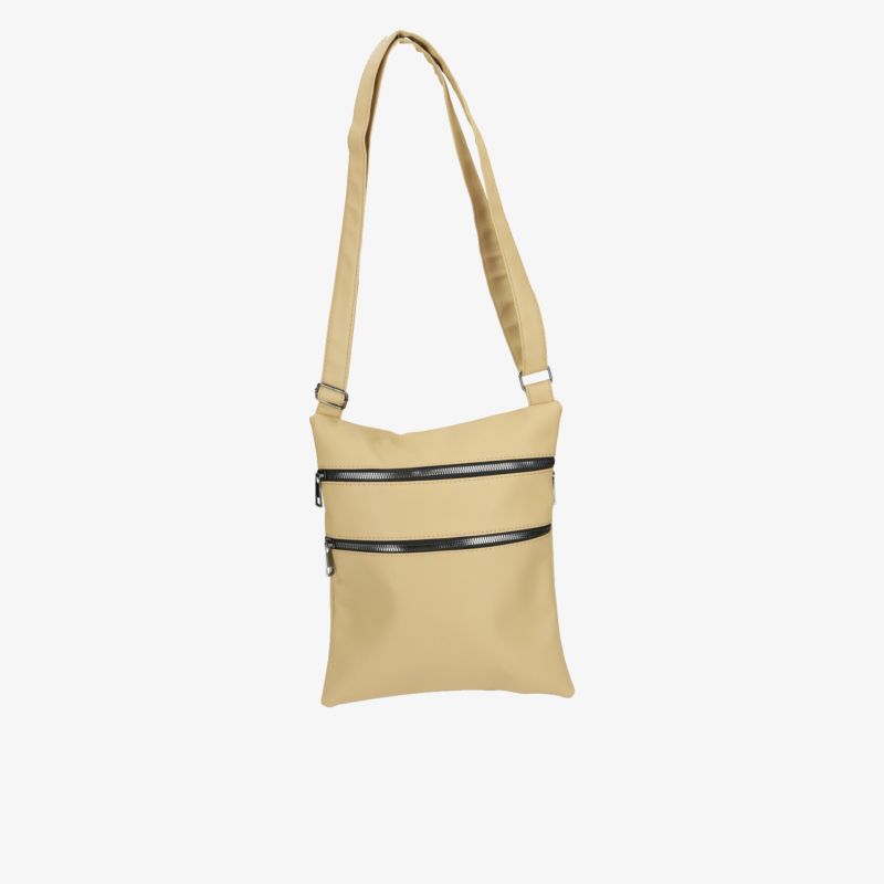 Kompakte beige Umhängetasche mit zwei Reißverschlüssen und verstellbarem Gurt für den täglichen Gebrauch