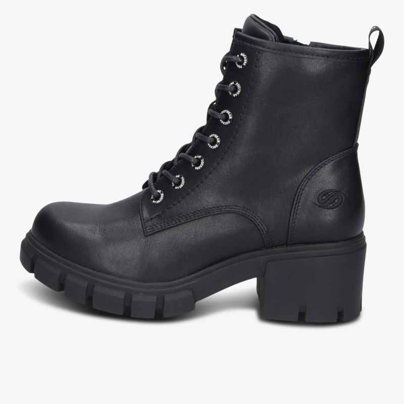 Schwarzer robuster Schnürstiefel aus Leder mit hohem Blockabsatz und profilierter Sohle