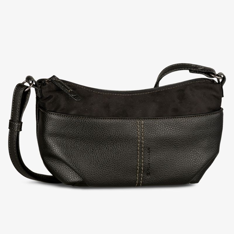 Kompakte schwarze Umhängetasche aus strapazierfähigem Leder mit verstellbarem Riemen und minimalistischer Naht