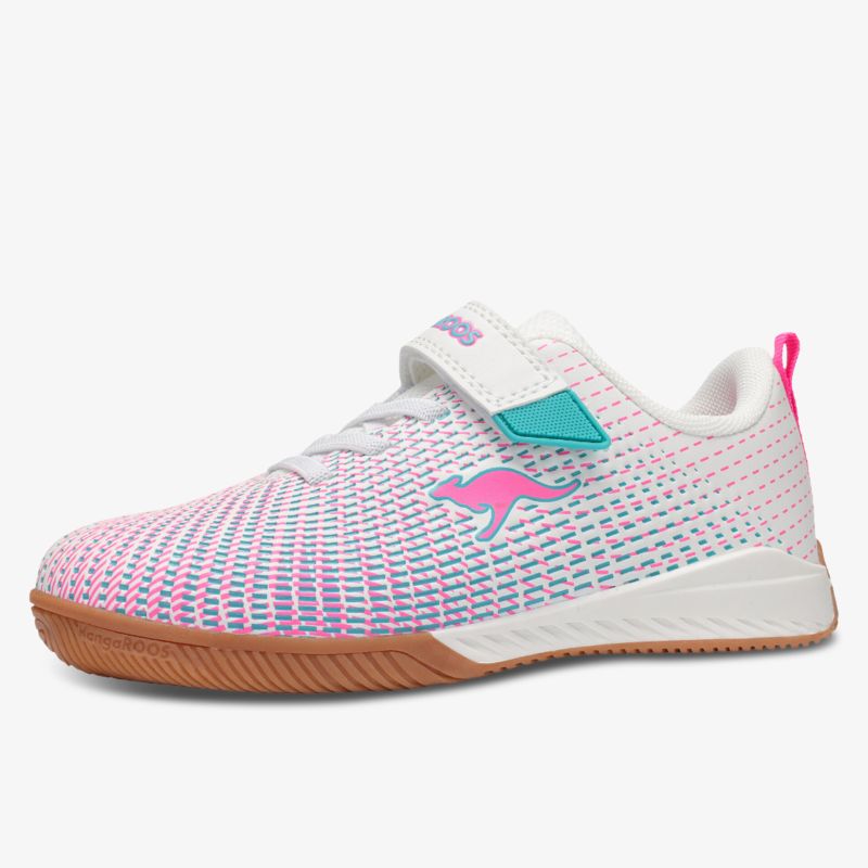 Sportlicher Schuh mit weiß-blau-pink Farbverlauf, atmungsaktiv und flexible rutschfeste Sohle, seitliche Ansicht