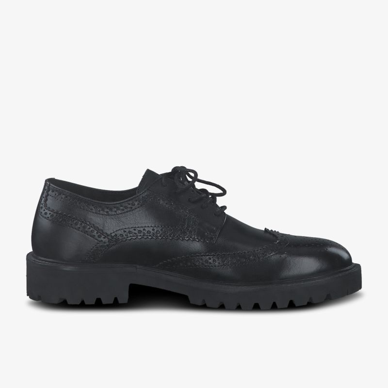 Eleganter schwarzer Lederschnürschuh mit klassischem Design und robuster, rutschfester Sohle in seitlicher Ansicht.