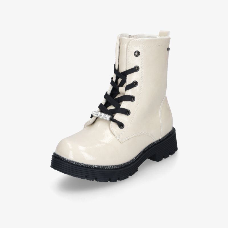 Weißer robuster Stiefel mit stabiler Schnürung und profilierter Sohle für hohen Tragekomfort