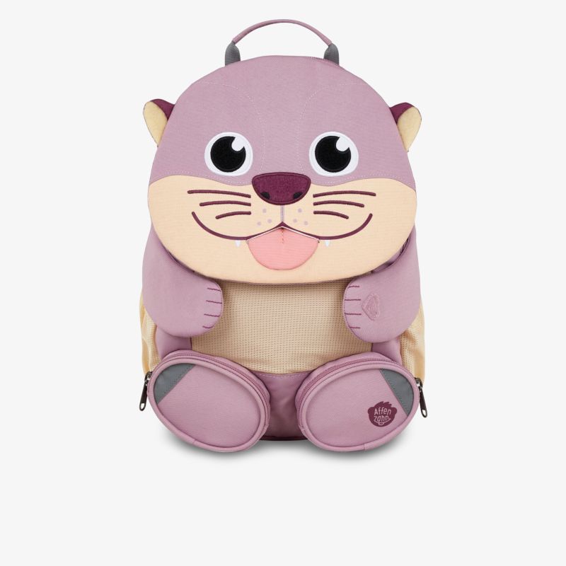 Weicher lila Kinderrucksack in süßem Tierdesign mit praktischem Tragegriff und kindgerechtem Aussehen