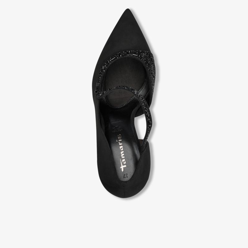 Eleganter schwarzer, spitzer Schuh mit dekorativer Schnalle und hochwertigem Leder in Top-Down-Ansicht