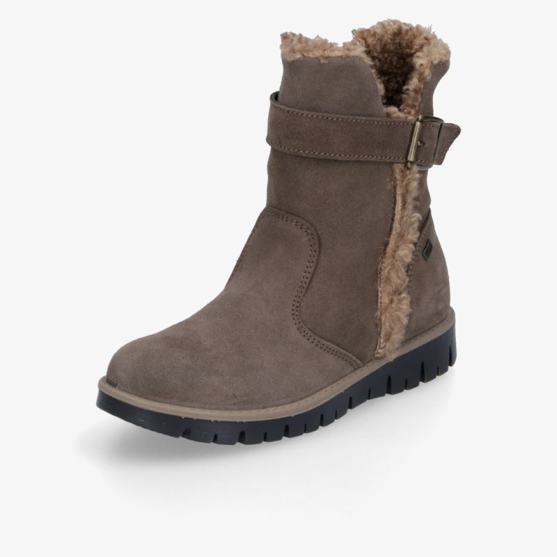 Brauner Winterstiefel aus weichem Veloursleder mit warmem Fellfutter, seitlichem Riemen und profilierter Sohle