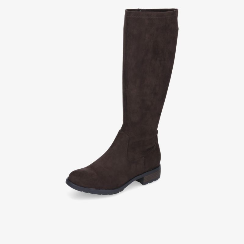 Dunkelbrauner hoher Stiefel aus edlem Material mit langem Schaft, stabilem Absatz und klassischer Form