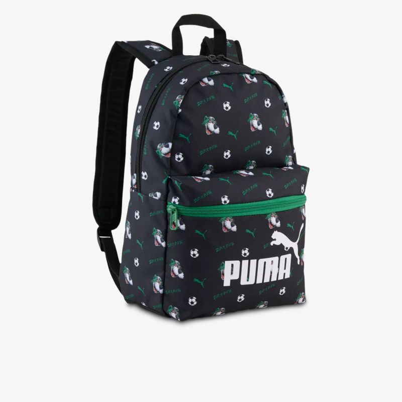 Moderner Puma Rucksack mit großem Hauptfach, bequem gepolsterten Schulterriemen und grünem Reißverschluss vorne