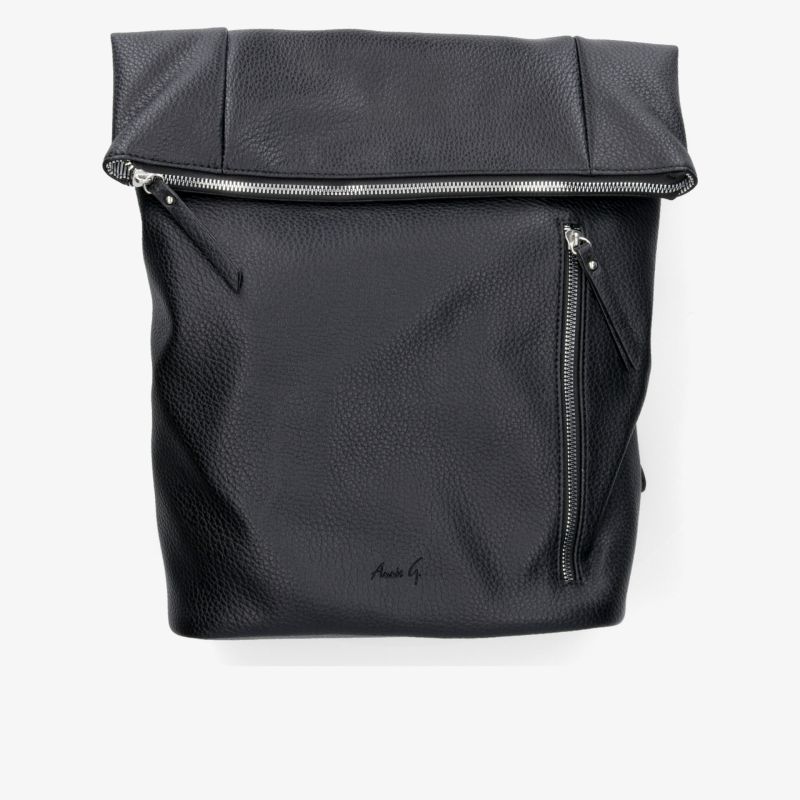 Moderner schwarzer Rucksack mit praktischen Reißverschlüssen und geräumigem Design, frontale Ansicht