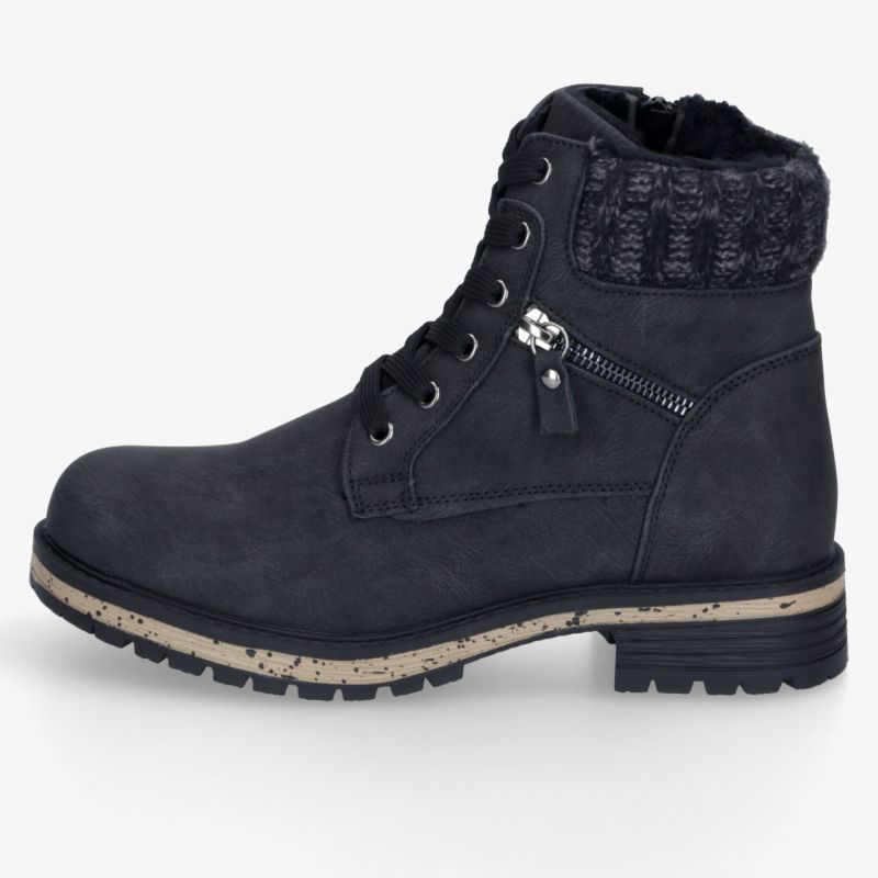 Schwarzer Schnürstiefel mit robustem Profil, weichem Innenfutter, seitlichem Reißverschluss und markanter Laufsohle