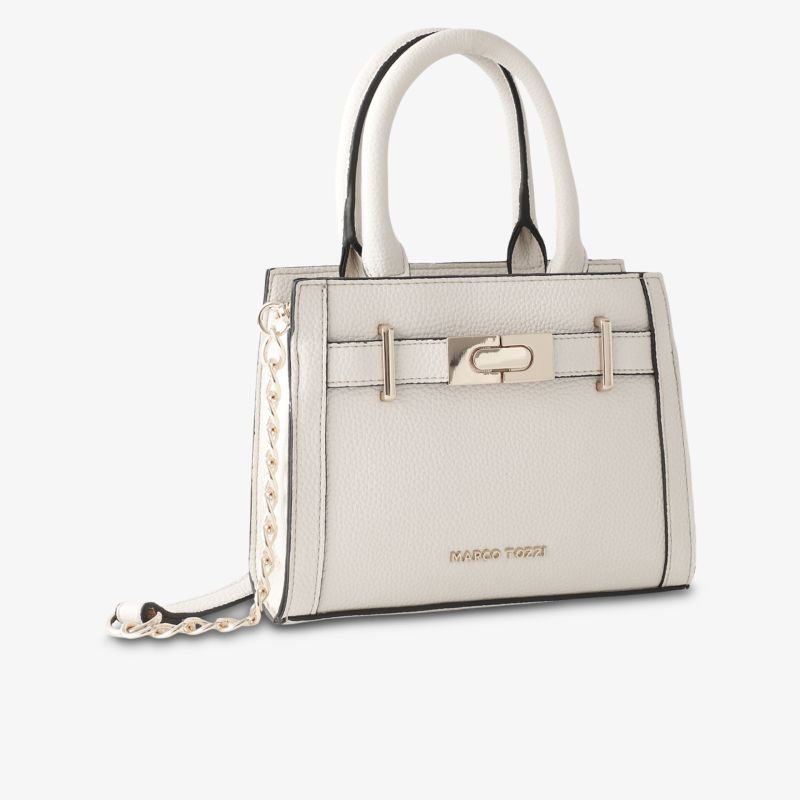 Elegante cremeweiße kompakte Handtasche mit praktischen Tragegriffen und dezenter Metallapplikation