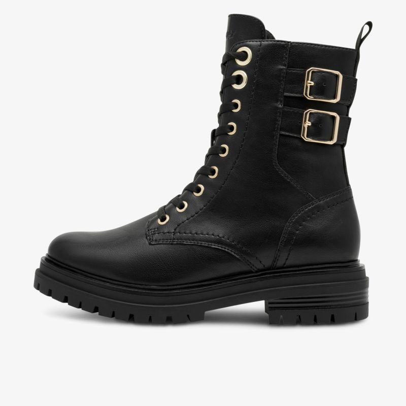 Schwarzer Lederstiefel mit robuster Schnürung, modischen Schnallen und dicker profilierter Sohle, seitliche Ansicht