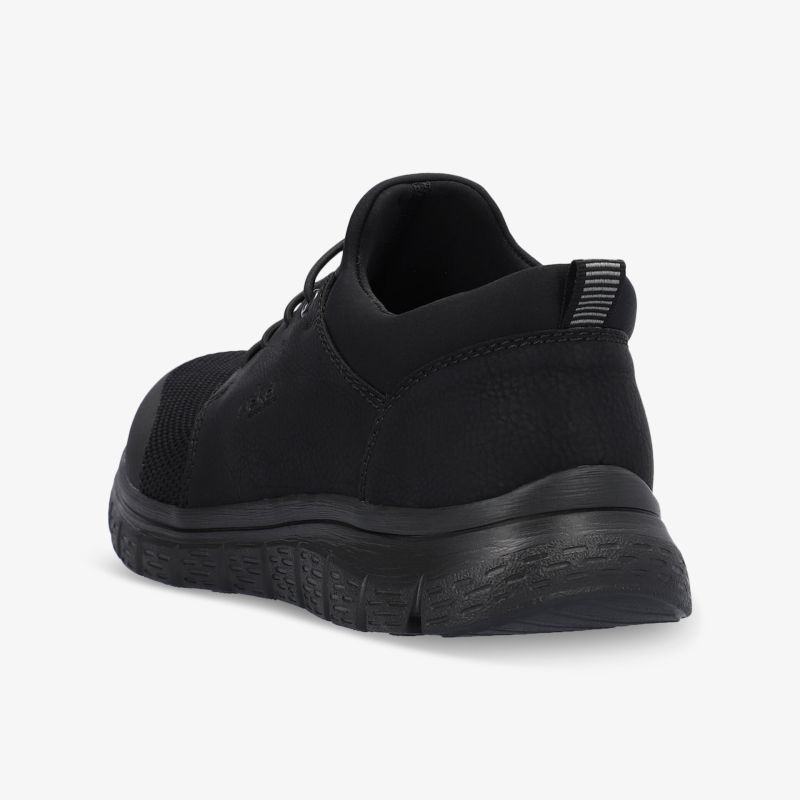 Schwarzer sportlicher Schuh mit gepolsterter Ferse und robuster, rutschfester Sohle, bequem und modern gestaltet