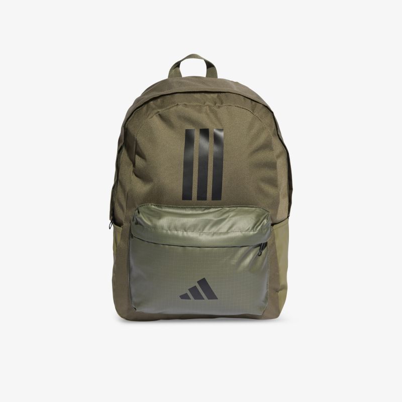 Robuster olivefarbener Rucksack mit großem Stauraum, Fronttasche und bequemem Tragegriff in Frontansicht