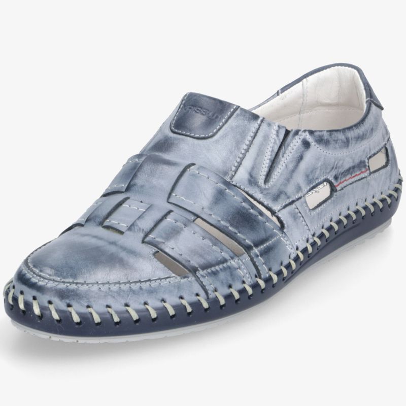 Blauer, atmungsaktiver und weicher Schuh mit geschlossener Zehenpartie und flexibler Sohle, handgenäht