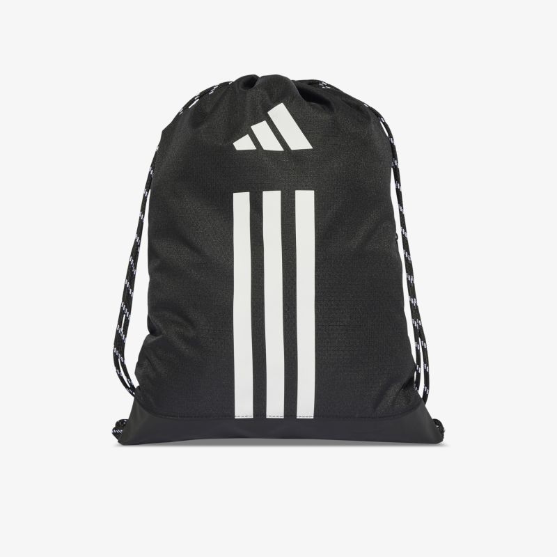 Sportlicher schwarzer Turnbeutel mit weißen drei Streifen und verstellbaren Trägern, leicht und praktisch