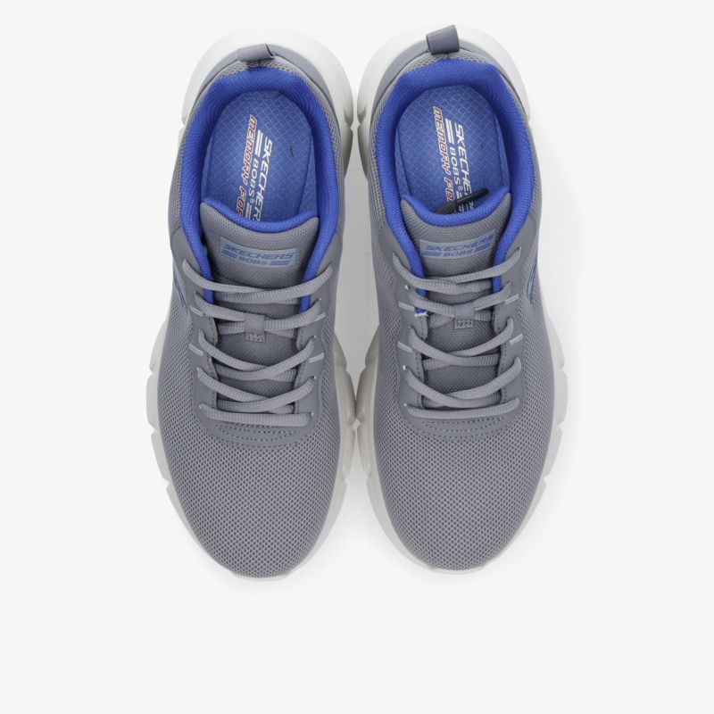 Stilvolle graue Sneaker mit blauen Akzenten und bequemer Passform, ideal für Freizeit und Sportaktivitäten.