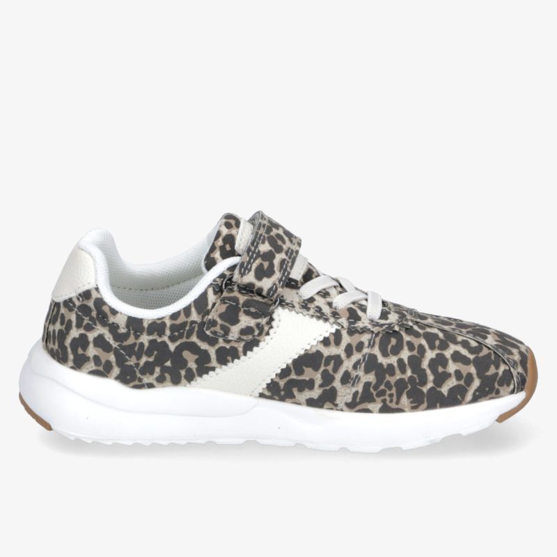 Leichter sportlicher Sneaker mit Leopardenmuster, gepolstert und flexiblem Sohlenprofil, seitliche Ansicht