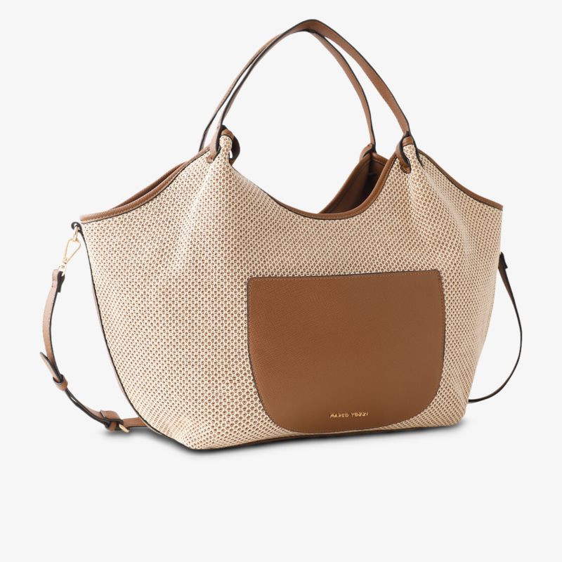 Große Handtasche mit Flechtoptik und brauner Leder-Außentasche, modern und geräumig
