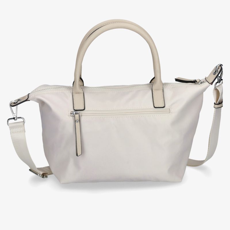 Modische weiße Handtasche mit Reißverschlüssen und verstellbarem Schulterriemen, ideal für den Alltag.