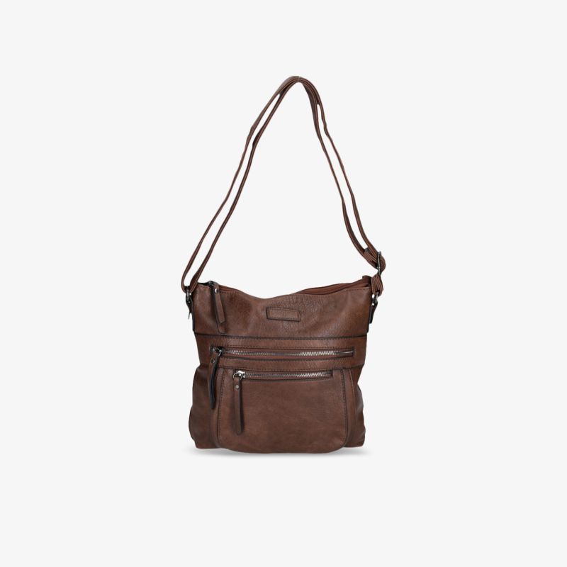 Elegante braune Umhängetasche mit mehreren Reißverschlusstaschen für praktische Organisation.