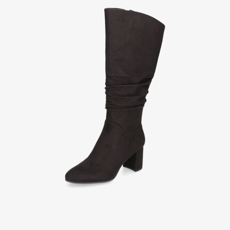 Eleganter dunkelbrauner Stiefel mit hohem Schaft, weichem Material, bequemem Blockabsatz und dezenter Schuhspitze