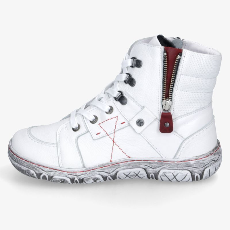 Weißer Lederstiefel mit robustem Reißverschluss und strapazierfähiger Schnürung, profilierte rutschfeste Sohle