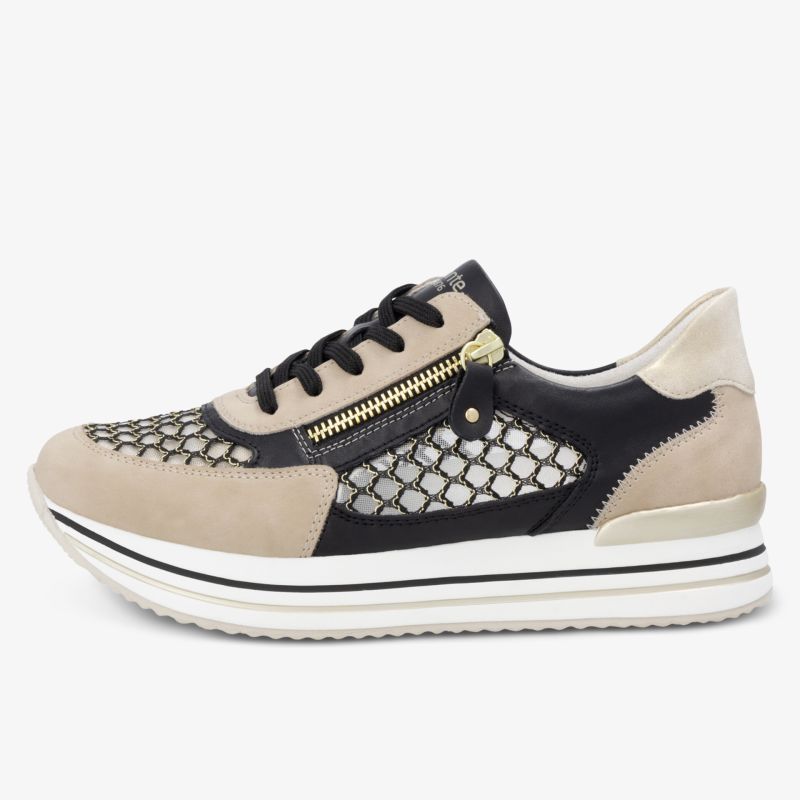 Bequemer Sneaker mit seitlichem Reißverschluss und modischem Muster in Beige und Schwarz