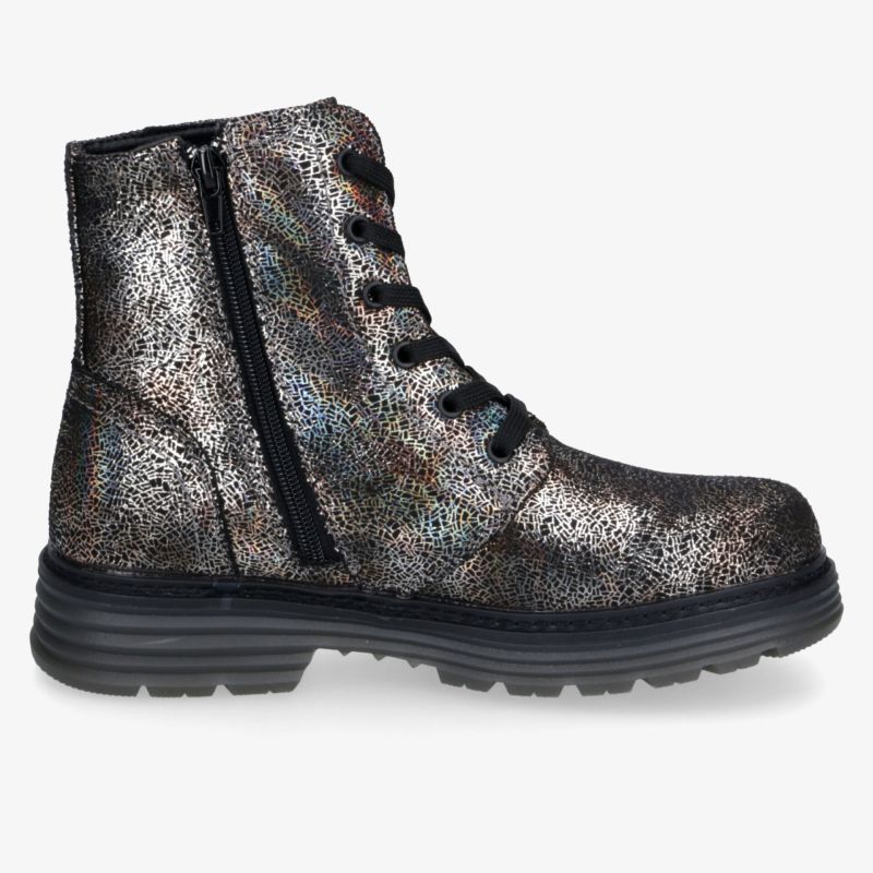 Metallische Stiefelette mit praktischem Reißverschluss, Schnürung, markanter Profilsohle und dekorativem Finish
