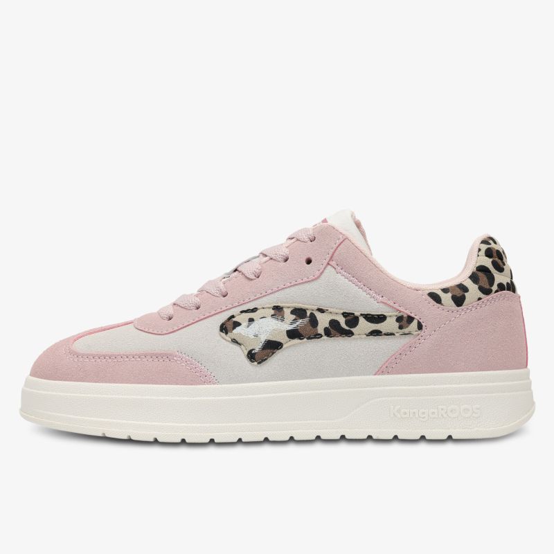 Moderner Sneaker mit rosa Akzenten und Leopardenmuster, bequeme Passform und langlebiger Sohle, seitliche Ansicht
