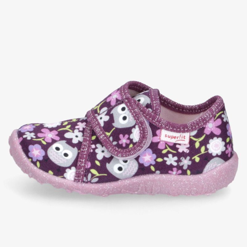 Weicher, bequemer Kinder-Hausschuh mit buntem Eulen- und Blumenmuster, rutschfeste Sohle und Klettverschluss