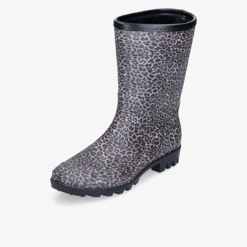 Gemusterter Stiefel mit hohem Schaft, robuster Profilsohle und dekorativem Leopardenmuster in Grau und Schwarz