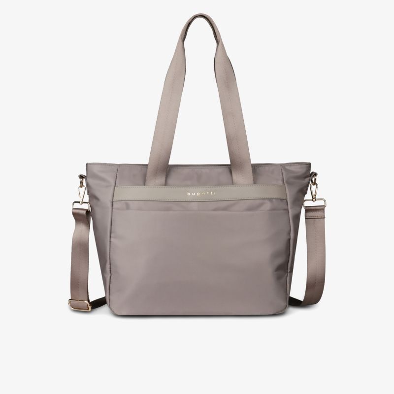 Taupefarbene, große und robuste Tasche mit mehreren Trageoptionen und modernem Design