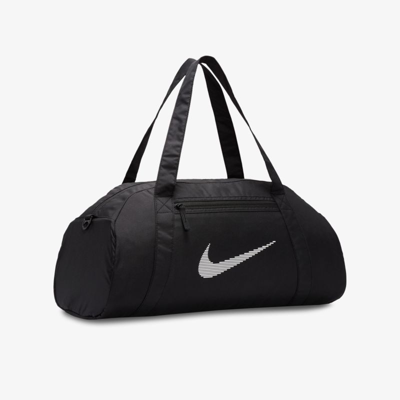 Schwarze Nike Sporttasche mit ikonischem Design und geräumigen Innenfächern, perfekt für den aktiven Lebensstil.