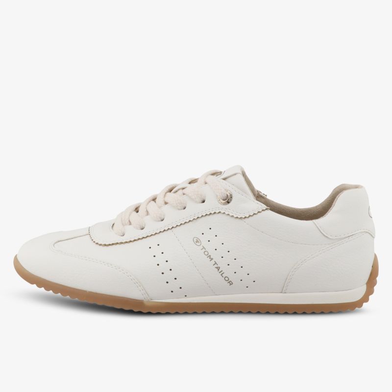 Weißer Sneaker mit seitlicher Ansicht, komfortabel und leicht, sportliches und modisches Design mit perforierten Details
